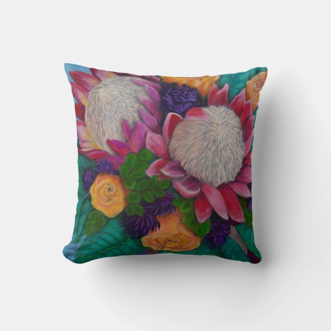 Fantasy Queen Proteas and Orange Roses Cushion (Front)