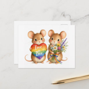 Fantasy Rainbow Mice With Heart and Flowers Postcard