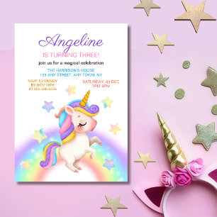 Fantasy Rainbow Stars Unicorn Girl Birthday  Invitation