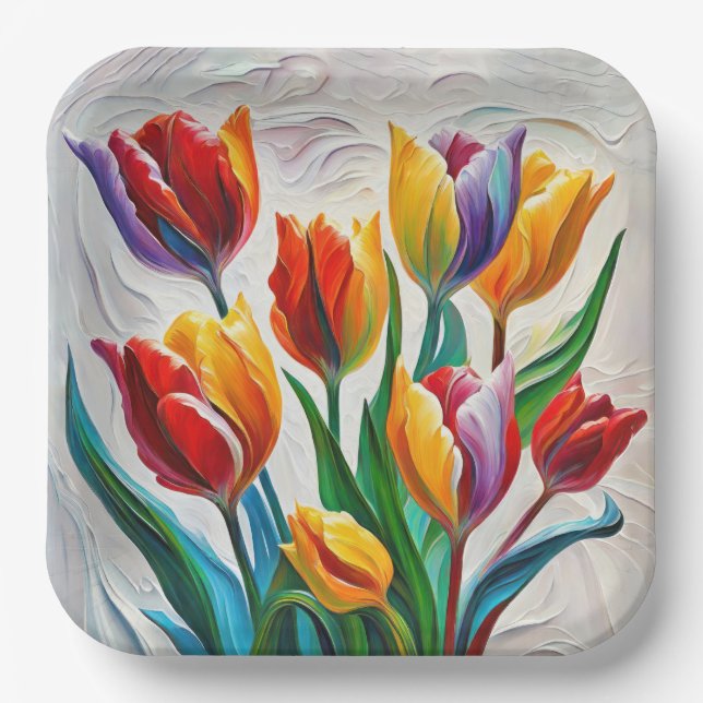 Fantasy Rainbow Tulip Bouquet Paper Plate (Front)