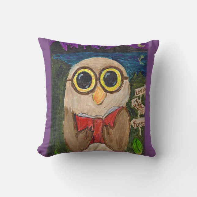 Fantasy Reader Owl Folk Art Cushion (Front)