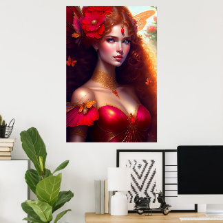 Fantasy Red Fairy Red Flowers Poster