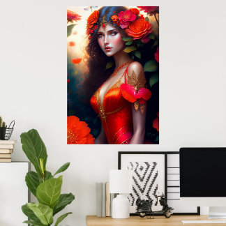 Fantasy Red Fairy Red Flowers Poster