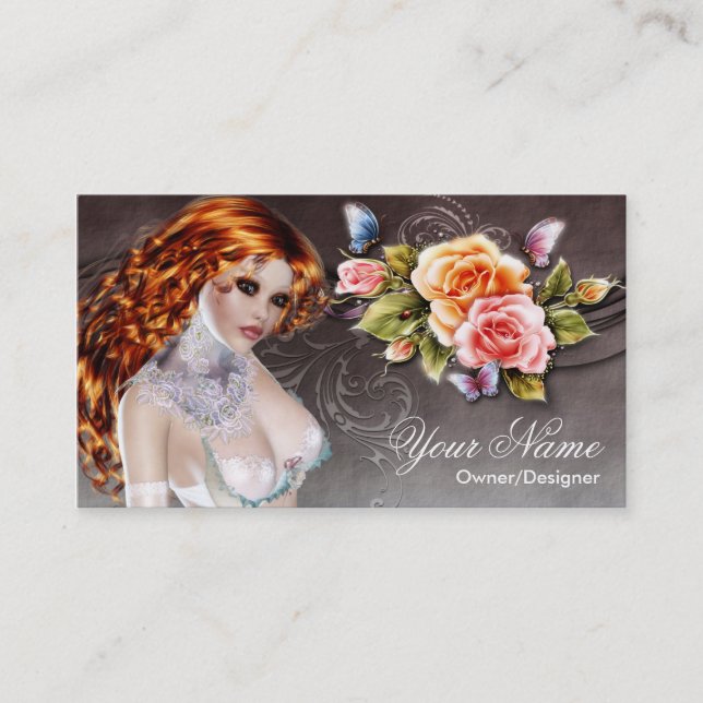 Fantasy Redhead Beautiful Rose Woman Business Card (Front)