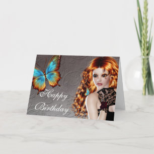 Fantasy Redhead with Butterfly Birthday Card