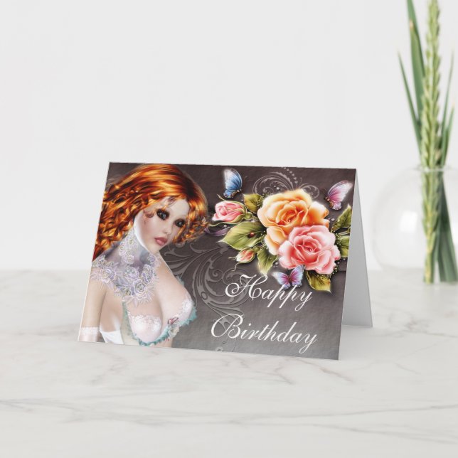 Fantasy Redhead with Roses Birthday Card (Front)