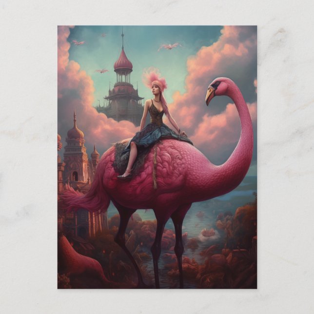 Fantasy Ride on a Giant Pink Flamingo Postcard (Front)
