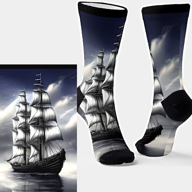 Fantasy Sailing Ship under Grey Skies Clouds Socks (Creator Uploaded)