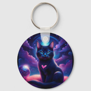 Fantasy Scene Black Kitten Beautiful Blue Eyes Key Ring