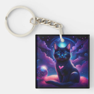 Fantasy Scene Black Kitten Beautiful Blue Eyes Key Ring