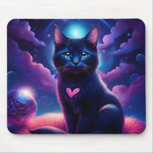 Fantasy Scene Black Kitten Beautiful Blue Eyes Mouse Pad