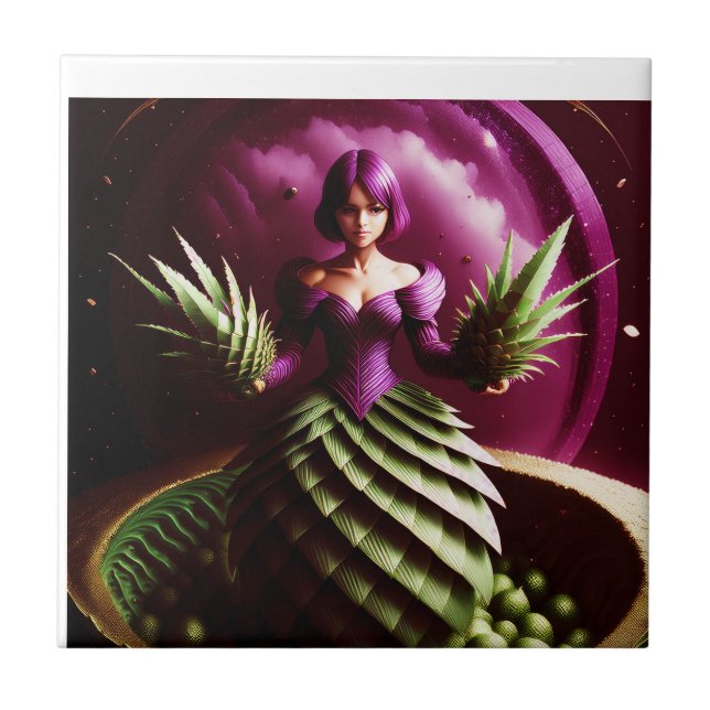 Fantasy Scene With Pineapple Girl Ceramic Tile (Front)