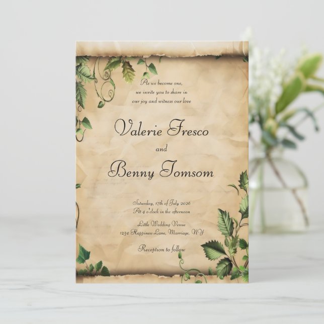 Fantasy Scroll Green Leaves Invitation (Standing Front)