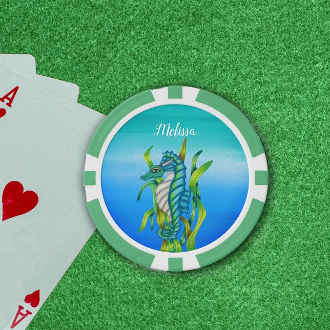 Fantasy Seahorse Aqua Blue Green Seaweed Blues Poker Chips (Fantasy seahorse aqua blue green seaweed on watery blue background poker ships.)