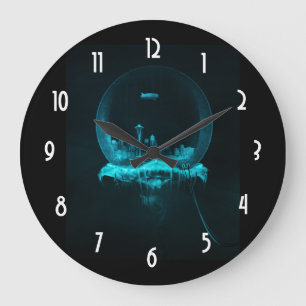 Fantasy Seattle City in a Snowglobe with a Blimp Large Clock