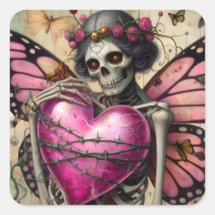 Fantasy Skeleton With Barbed Wire Heart  Square Sticker