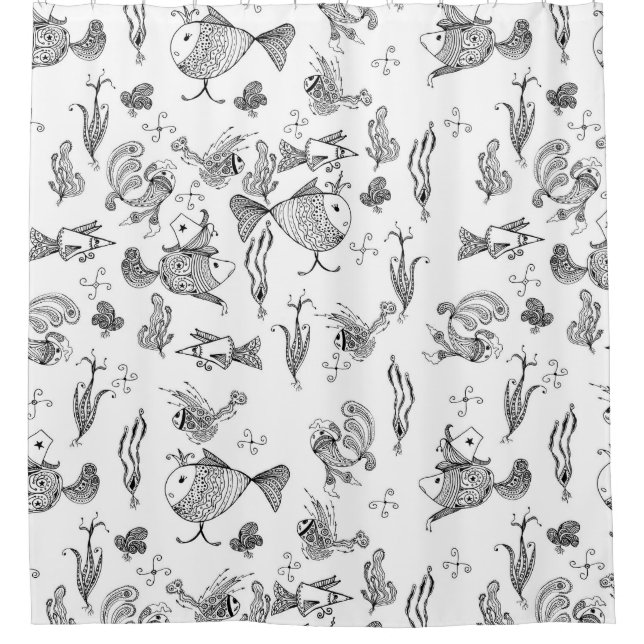 Fantasy sketched fishes creachers plants leaves se shower curtain (Front)