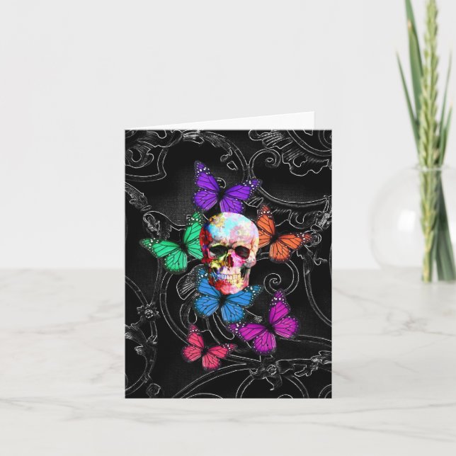 Fantasy skull and coloured butterflies card (Front)