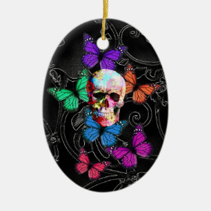 Fantasy skull and coloured butterflies ceramic ornament
