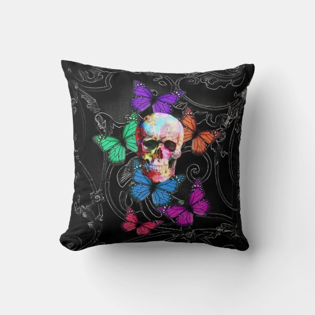 Fantasy skull and coloured butterflies cushion (Front)