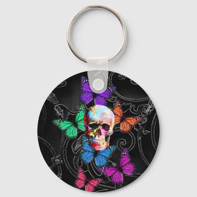 Fantasy skull and coloured butterflies key ring (Front)