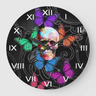 Fantasy skull and coloured butterflies large clock