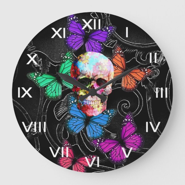 Fantasy skull and coloured butterflies large clock (Front)