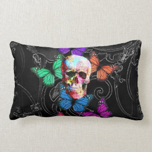 Fantasy skull and coloured butterflies lumbar cushion