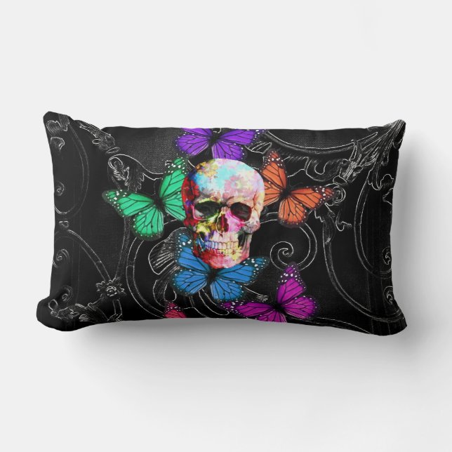 Fantasy skull and coloured butterflies lumbar cushion (Front)