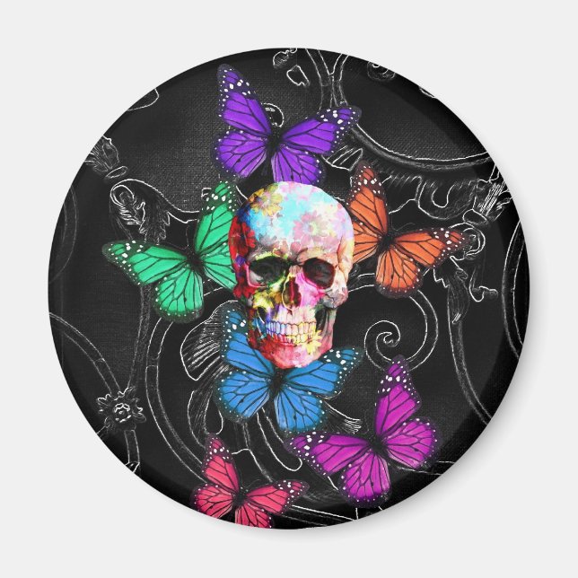 Fantasy skull and coloured butterflies magnet (Front)