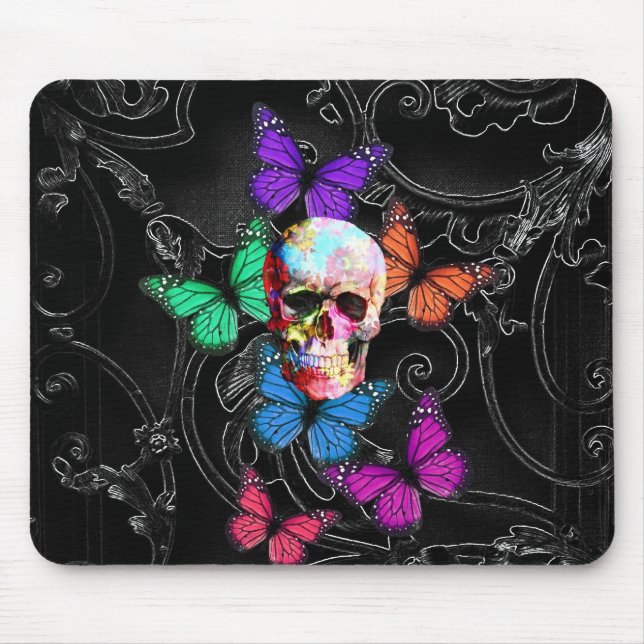 Fantasy skull and coloured butterflies mouse pad (Front)