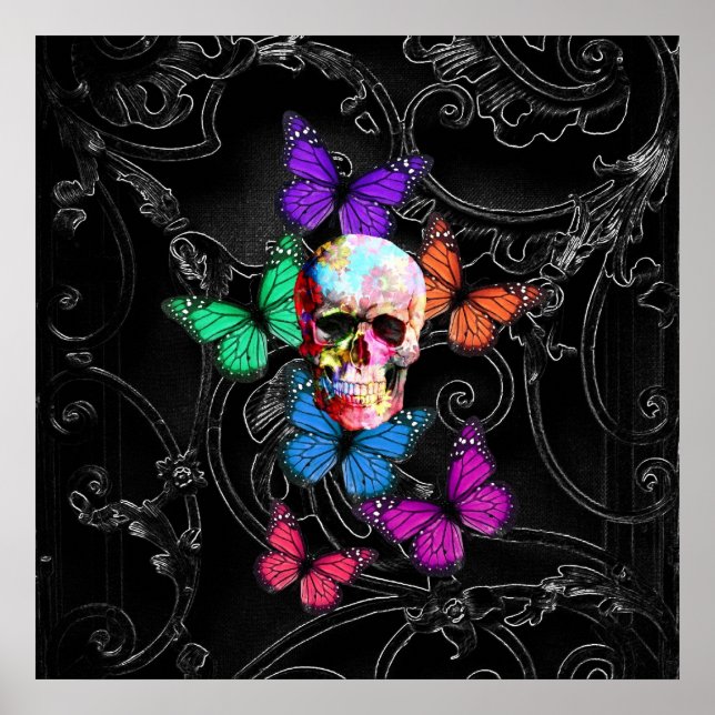 Fantasy skull and coloured butterflies poster (Front)