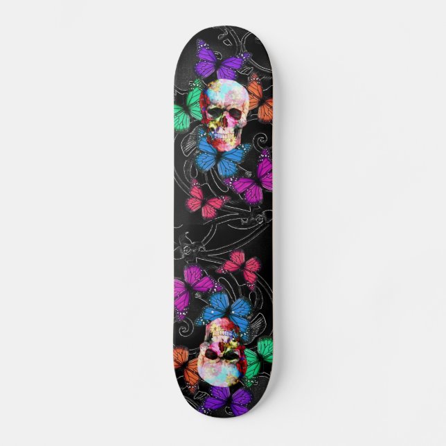 Fantasy skull and coloured butterflies skateboard (Front)
