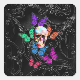 Fantasy skull and coloured butterflies square sticker