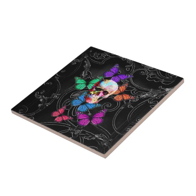 Fantasy skull and coloured butterflies tile (Side)