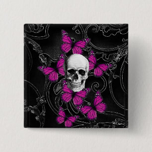 Fantasy skull and hot pink butterflies 15 cm square badge