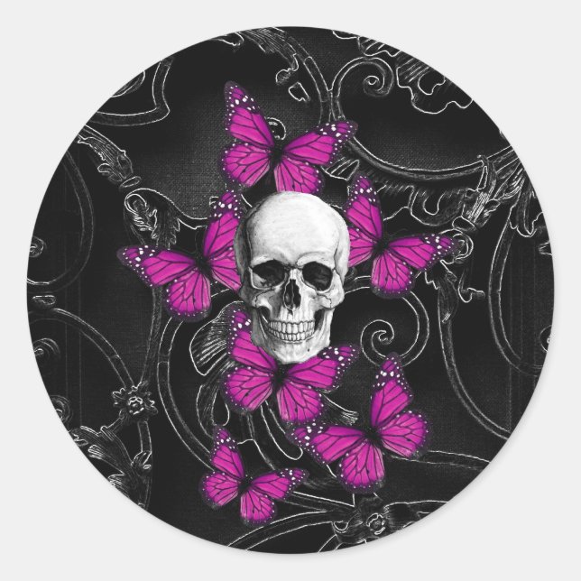 Fantasy skull and hot pink butterflies classic round sticker (Front)