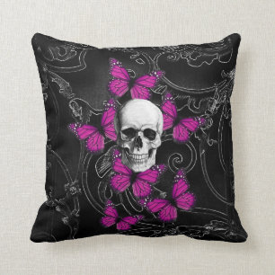 Fantasy skull and hot pink butterflies cushion