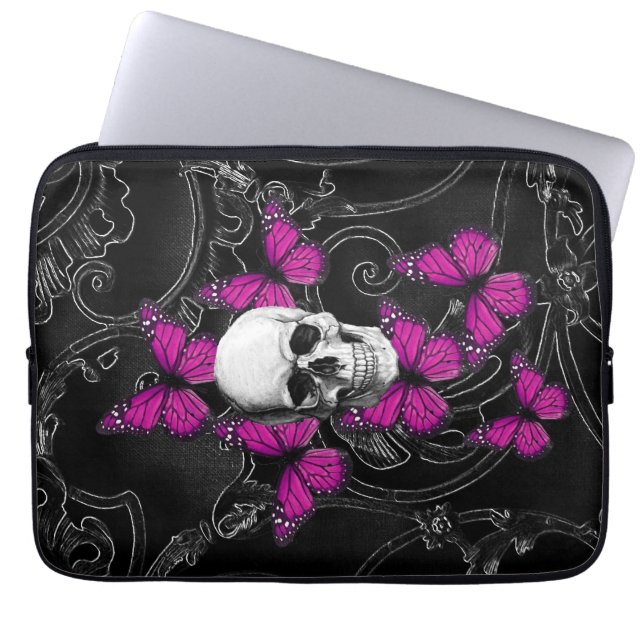 Fantasy skull and hot pink butterflies laptop sleeve (Front)