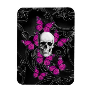 Fantasy skull and hot pink butterflies magnet