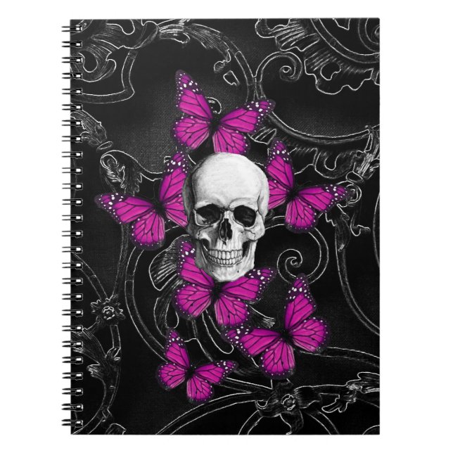 Fantasy skull and hot pink butterflies notebook (Front)