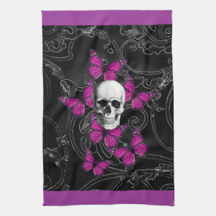 Fantasy skull and hot pink butterflies tea towel