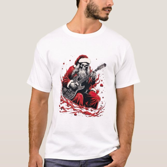 Fantasy Skull Skeleton Santa Playing a Guitar T-Shirt (Front)