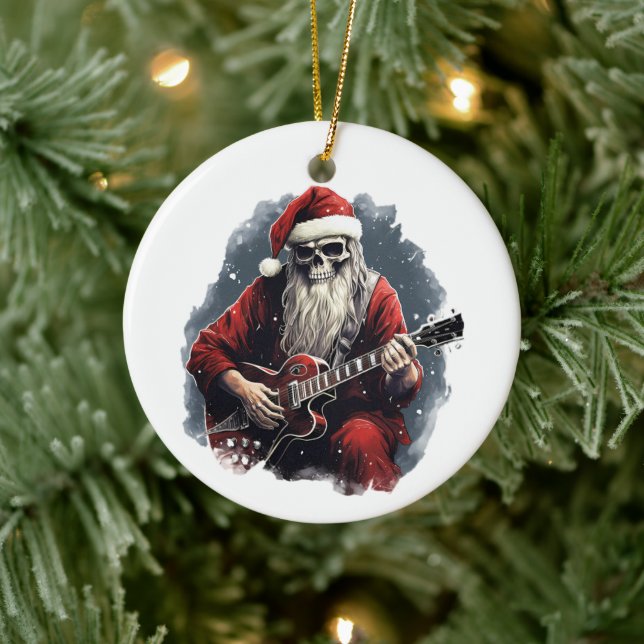 Fantasy Skull Skeleton Santa Playing Guitar Night Ceramic Ornament (Tree)