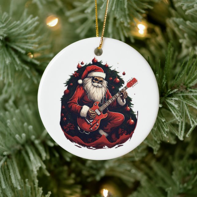 Fantasy Skull Skeleton Santa Playing the Guitar Ceramic Ornament (Tree)