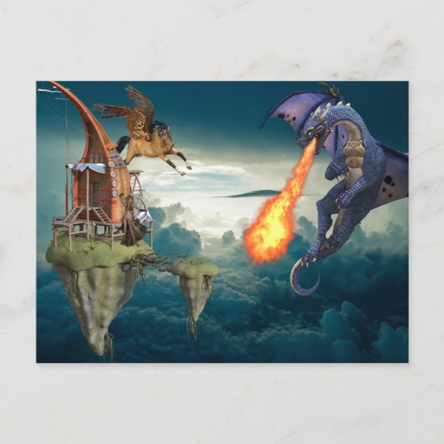 Fantasy Sky Battle Dragon Pegasus Postcard (Front)