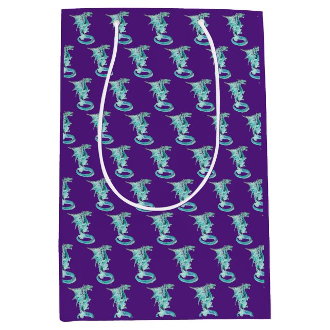 Fantasy Sky Blue Dragon – Purple Mythical Creature Medium Gift Bag (Front)