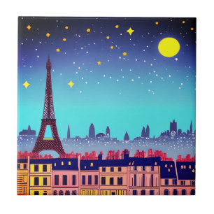 Fantasy Skyline of Paris Under the Stars Ceramic Tile