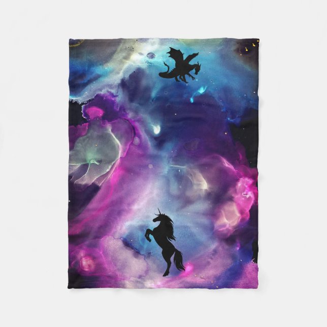 Fantasy Space Nebula Unicorn Dragon Pink blue  Fleece Blanket (Front)