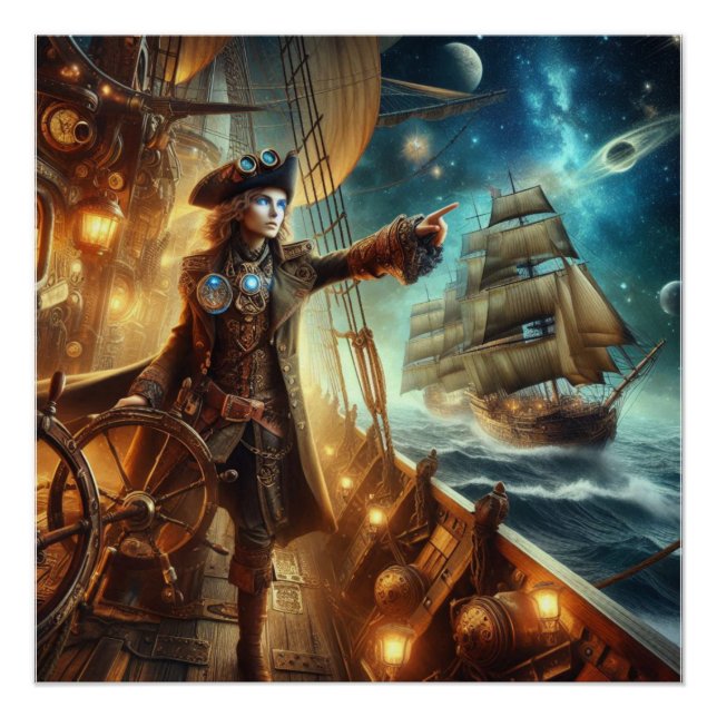 Fantasy Space Pirate Steampunk Vintage Victorian  Poster (Front)